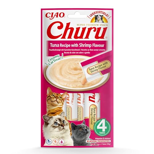 Ciao Churu Sticks by INABA Cat Treat - Tuna & Shrimp (4 x 14g) / Soft & Creamy Cat Treat, Delicious & Healthy Snack, Squeezable Puree Food Topper, Pill Assist, Natural, Grain Free