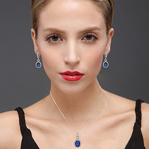 Womens Crystal Sapphire Jewelry Set - 14k White Gold Plated Elegant Bridal CZ Cubic Zirconia Birthstone Earrings and Pendant Necklace Set for Bridesmaids Birthday Gifts