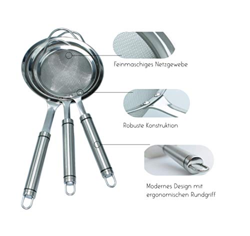 Küchensieb Edelstahl Set 3 Teilig mit Auflagehilfe und Haken | Feines Sieb Set Spülmaschinen geeignet | Strainer Kitchen… – Bild 3