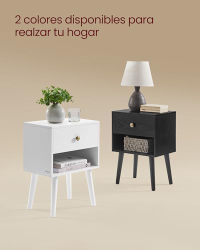 Mesita de Noche, Mesa Auxiliar con Cajón y Compartimento de Almacenamiento Abierto, Patas de Madera, Mesa de Centro para Sala de Estar, Dormitorio, Sofá, Blanco Nieve LET655W01