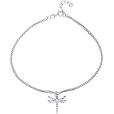 Vanbelle Sterling Silver Jewelry - Rhodium Plated with 925 Stamp - Double Chain Dragonfly Charm Anklet for Women - 9 Inch long + 1 Inch Extender