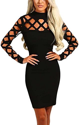 Women's Sexy Hollow Out Long Sleeve Cocktail Party Clubwear Bandage Bodycon Dress (XL, Black)