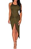 Sexy Womens Sleeveless Hig Low Knotted Slit Party Club Dress (S, Olive)