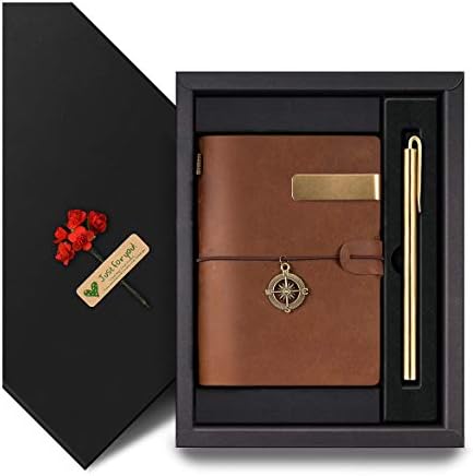 Leather Journal KKDragon Travel Leather Notebook Passport Leather Bound Journal + Brass Pen + Pen Holder + 3 Papers Notes Sketching Drawing in Gift Box Perfect Gift Travel Diary Brown 14x10 cm