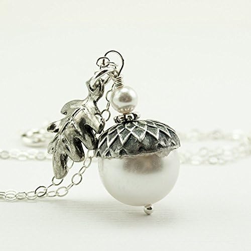 Dashe Designs White Acorn Necklace with Oak Leaf, Simulated Pearl, Sterling Silver Chain (16 inches)