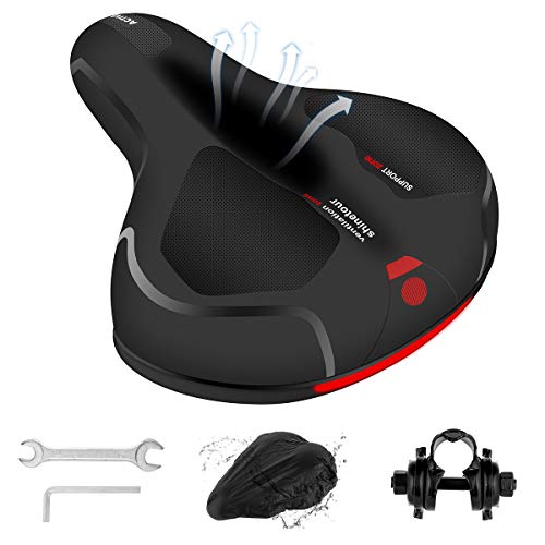 Bike Seat for Men and Women, Comfortable Bicycle Seat Replacement Soft Memory Foam with Dual Shock Absorbing Rubber Ball Universal Wide Bicycle Saddle, with Mounting Tools,Reflective Strap,Storage Bag