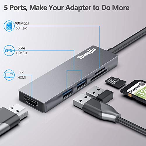 USB C Hub HDMI Multiport Adapter,Tuwejia 5-in-1 4K USB Type-C to HDMI Video Output,MicroSD/SD Card Reader,2 x USB 3.0 High Speed Ports Compatible MacBook Pro 2015/16/17/18,HP/Dell USB Type C Devices