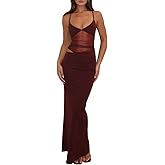 GRMLRPT Women's Sexy V Neck Spaghetti Strap Bodycon Maxi Dress Backless Mesh Cut Out Cocktail Long Formal Dresses