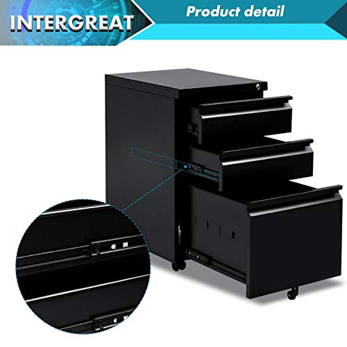 image for INTERGREAT Black 3 Drawer Filing Cabinet with Lock 26 Inch Metal File 