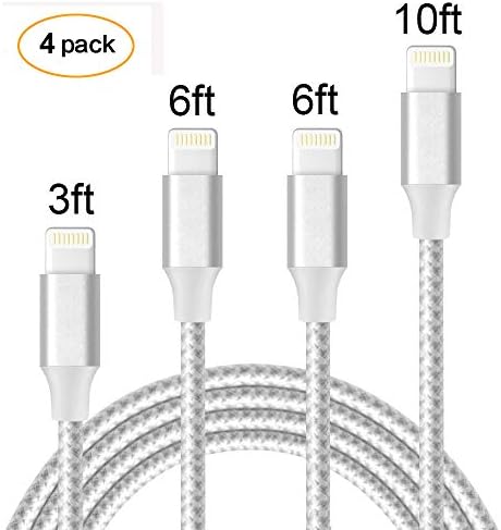 DeFitch Cable (4 Packs: 3FTx1+ 6FTx2+10FTx1) Nylon Extend Braided USB Charging Cable with Aluminum Connector Compatible with iPhone Xs X 8 7 6S 6 Plus iPad 2 3 4 Mini, iPad Pro Air,[White Gray]
