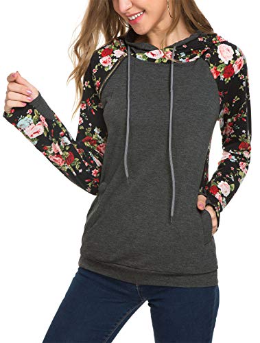 KorMei Womens Hoodies Sweatshirts Long Sleeve Funnel Neck Pullover Hooded Tops with Pockets M Grey&Flowers