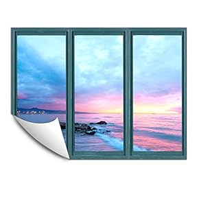 Wall Murals for Bedroom Fake Window Beach Blue Window Removable Wallpaper Peel and Stick Wall Stickers - 24x32 inches