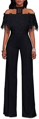 HELIDA Ladies Elegant Off Shoulder Lace Choker Neck Wide Leg Long Pants Romper Black L