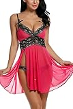 Avidlove Women V Neck Babydoll Strap Lingerie Lace Chemise Teddy Outfits (XXL, Rose Red)