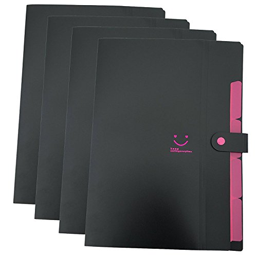 FHEAL 4 (Pack) 5 Pockets A4 Letter Size Expandable Accordion File Folders Two-Tone Expanding Top Table Snap Closure Paper Organizer Storage Black - Thumbnail 7
