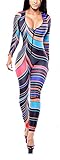 Women's Stylish Afrique Tribal Long Sleeve Bodycon Jumpsuit Romper Catsuit (US M, Multicolor)