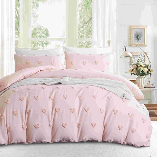 Freyamy Boho Bettwäsche 155x220 Rosa Getuftet Herz Bettwäsche Set