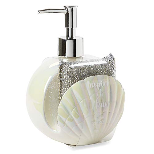 Tri-Coastal Design Decorative 2-in-1 Ceramic Shell Shaped Kitchen Bathroom Sink Countertop Space-Saver Refillable Soap Pump Dispenser and Sponge Caddy Holder