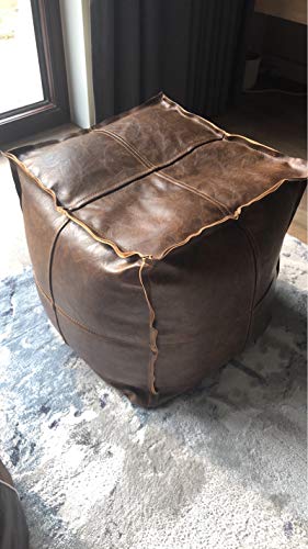 RISEON Unstuffed Boho Handmade Faux Leather Moroccan Pouf Footstool Ottoman Leather Poufs 17.7" x17.7" -Square Floor Cushion Footstool for Living Room, Bedroom and Under Desk (Tan) - Thumbnail 4