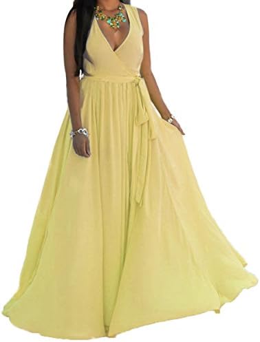 HannahZone Womens Sexy V Neck Sleeveless Long Maxi Split Evening Chiffon Summer Dress with Belt