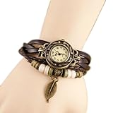 Demarkt Vintage Retro Leaf Red Leather Bracelet Wrist Quartz Watch for Womens Girls