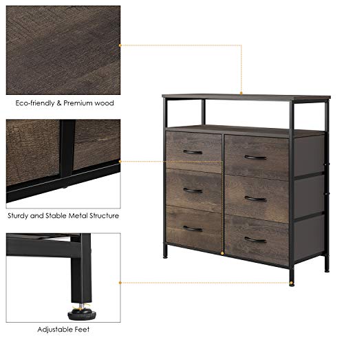 HOMECHO Fabric Dresser Chest with 6 Drawers, Wide Chest of Drawers with 2 Tier Wood Shelves