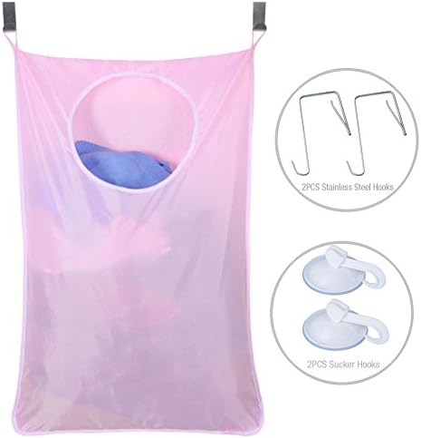 Uniuooi Door-Hanging Laundry Hamper Bag Pink, Foldable & Space Saving Corner Laundry Organiser with 2PCS Stainless Steel Door Hooks 2PCS Suction Hooks
