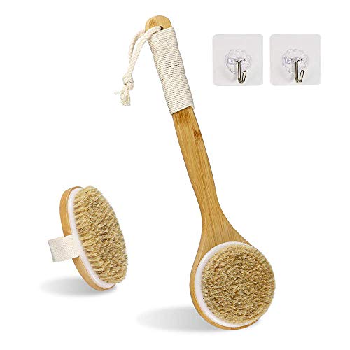 Bath Body Brush for Dry or Wet Brushing, Natural Bristle Shower Brush for Exfoliating Skin, Stimulating Blood Circulation, Massaging the Skin and Improving Skin Health, Set of 2