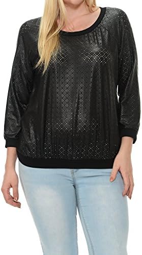 Clinamen Clothing Women's Plus Size 3/4Sleeve Faux Leather Eyelet Fabric Top(Z5423-1) (XXLarge, Black)