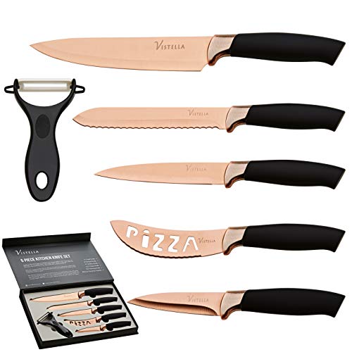 Vistella Kitchen Knife Set with Copper Rose Color Non Stick Blade - 5 Piece Stainless Steel Sharp Chef Knife Paring Knife Serrated Bread Knife Utility Knife and Pizza Knife - Includes Ceramic Peeler