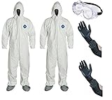 DuPont TY122S Disposable Elastic Wrist, Bootie & Hood White Tyvek Coverall Suit 1414 (LG- 2 Pack w/ Glove & Goggle)
