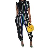 Uni Clau Women's Sleeveless Stripe Ruffle Bodycon Long Pants High Waist Party Jumpsuits Romper Plus Size
