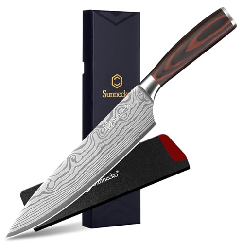 Sunnecko 20cm Messer Küchenmesser Kochmesser - Küchenmesser Profi Messer Scharfes Chefmesser Edelstahl Fleischmesser mit Pakkaholz Griff Allzweckmesser Scharf Klinge mit Geschenkbox für Weihnachten thumbnail 1