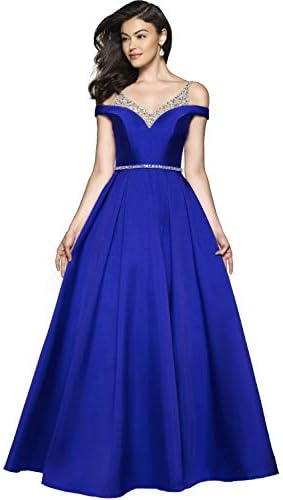 Women's Off The Shoulder Pleated Satin Prom Dress Long Ball Gown Beaded Formal Evening Dress