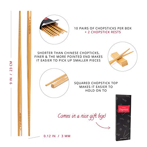 Reusable Chopsticks Set of 10 Bamboo Pairs with 2 Chopstick Rests