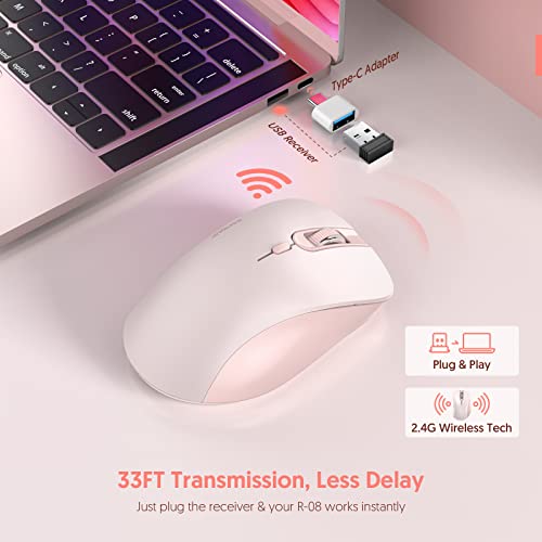 RAPIQUE Wireless Mouse, 2.4G Silent Computer Mice with USB Receiver & Type-C Adapter, Portable Mobile Optical Cordless Mouse for Laptop, PC, Desktop, MacBook, 3 DPI Adjustment Levels (Pink)