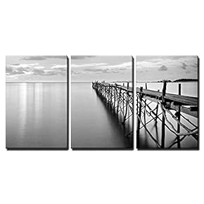 3 Piece Canvas Wall Art - Black and White Photography of a Beach Wooden Pier - Modern Home Art Stretched and Framed Ready to Hang - 16"x24"x3 Panels