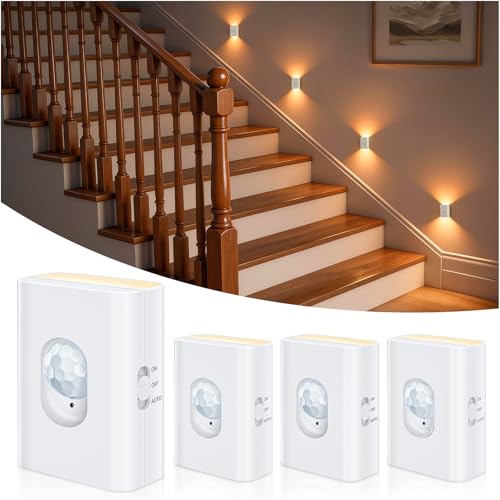 WILLED LED Stair Light, Rechargeable Night Light with Motion Sensor, 4 Pieces, 3 Modes (Auto/On/Off), Sticky Light for Hallways, Cabinets and Kitchen