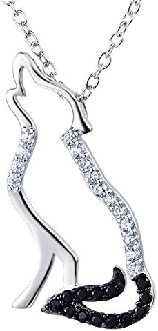Sterling Silver Tone Necklace Jewelry Trendy Black Cubic Zirconia Wolf Charm Pendant Charm with Chain 18"