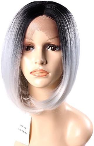 Short Wig Hair Ombre Silver Gray Wigs for Women Black to Grey Lace Front Synthetic Heat Resistant Bob Straight Hair Cosplay Middle Part Natural Custome 11.5"