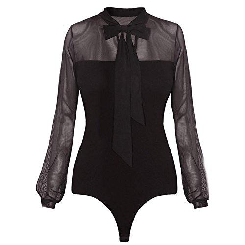 Women's Black Sheer Top Bodysuit Bowknot Shirt Collar Long Sleeve