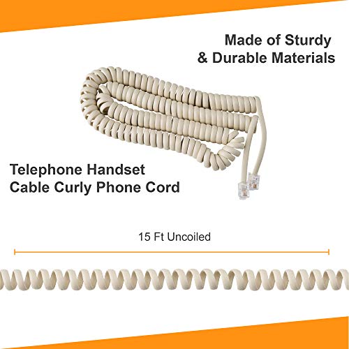 Telephone Cord Handset Curly - Phone Color Bone Ivory 15ft - Works on virtually All Trimline Phones and Princess Telephones