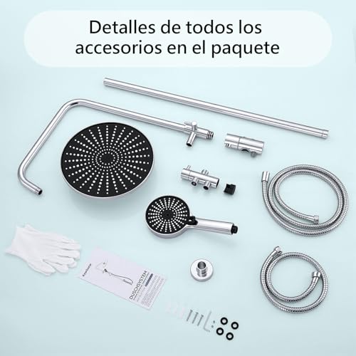 KeeGone Kit de ducha sin grifería ajustable en altura Ducha de lluvia redonda 26 cm y ducha de mano 3 chorros Acero inoxidable instalación rápida
