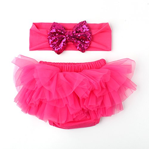 Slowera Baby Girls 2PCS Sets Cotton Tulle Sequins Diaper Cover Bloomers and Headband (Hot Pink, M: 6-12 Months)