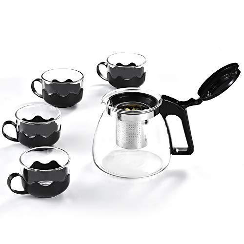 Teapot with Infuser and 4 Glass Cups set,Glass Tea Maker Kettle with Strainer Blooming Loose Leaf tea pot set by JASVIC - Thumbnail 3