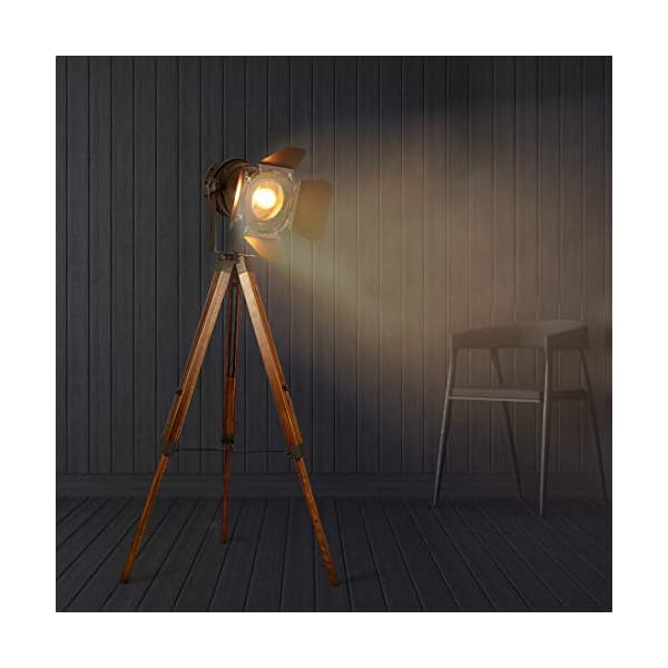 Barcelona LED Vintage Stehleuchte Tripod Stehlampe Deckenfluter im Cinema Stil, mit Dreifuß aus Holz Stativ Holz… – Bild 4
