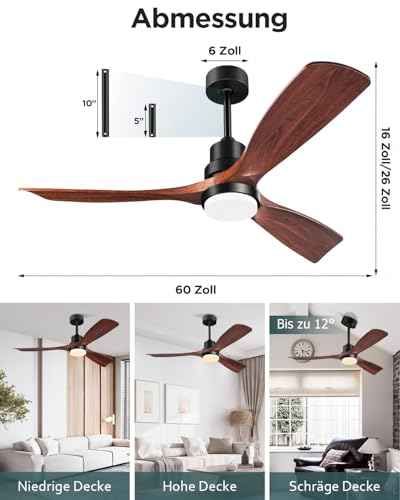 Forrovenco Ceiling Fan with Light 152 cm / 60 Inches, with Lighting & Remote Control, Outdoor Ceiling Fans for Patio, Quiet DC Motor, 3 Solid Wood Blades, Reversible, Indoor, Brown
