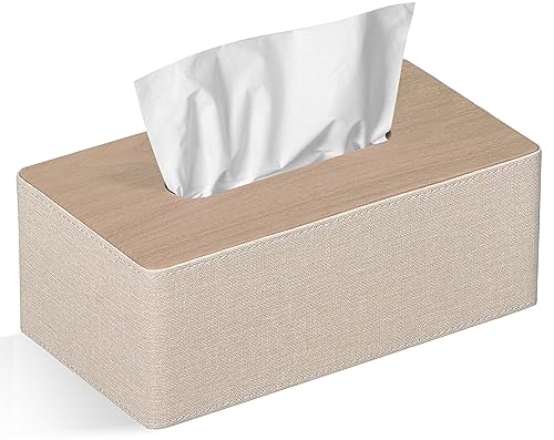 GOLRANLYE Tissue Box Cover Rectangular 9.8"(L) x 5.3"(W) x 4.3"(H) Refined Modern PU Leather Facial Tissue Dispenser Box Holder for Dresser Bathroom Decorative (Beige)