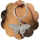 Wiwpar Large Butterfly Hoop Dangle Earrings Sparkly Rhinestone Butterfly Earrings Fashion Round Circle Open Hoop Dangle Earrings for Women Girls