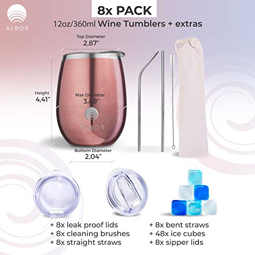 Albor Triple Insulated Wine Tumbler with Lid Stainless Steel 12 Oz Tumbler Rose Gold (8 Pack)